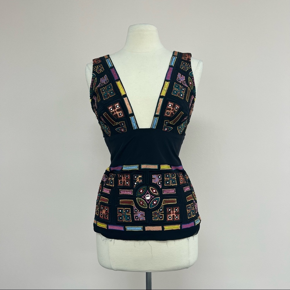 Nicole Miller Aztec/Geometric Embroidered Tank Top in Black/Multicolor